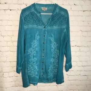 NWOT Signals Embroidered Long Sleeve Y-Neck Popover Blouse Women Size 1X Blue